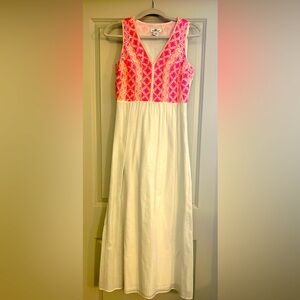 White Sleeveless Linen Dress with Pink Embroidery